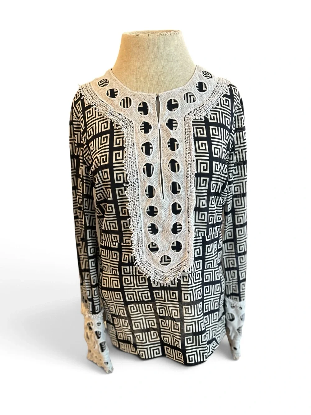 Tory Burch Derelia Black White Geometric Long-Sleeve Top Embroidered Yoke Cotton